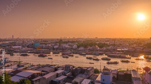 Aerial view of Cai Rang floating market, Can Tho, Vietnam. It is famous market in Mekong Delta, Vietnam with many boats and ship