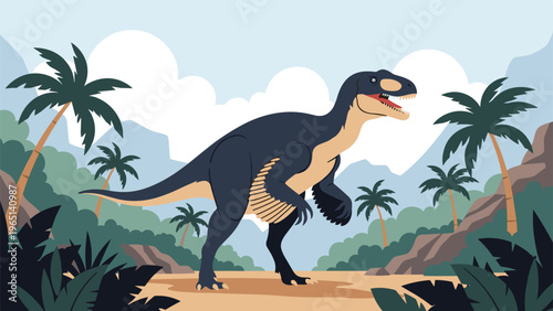 Large theropod dinosaur walking through a lush prehistoric jungle with palm trees and a cloudy sky in a detailed cartoon style for nature education.