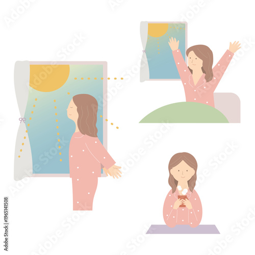 朝の習慣（朝日、深呼吸、温かい飲み物を飲む）を描いた女性のイラストセット