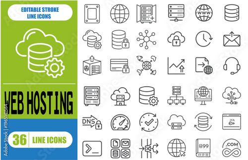 Web Hosting Editable Line Icon Set – Domain, Server, Cloud Hosting & Website Infrastructure Icons