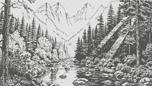 Detailed Engraved Forest River Scene with Mountains in Background