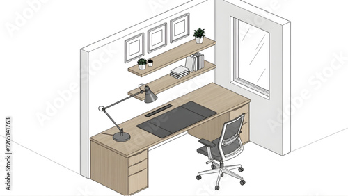 Home office decor blueprint, desk lamp placement, wall shelves, framed wall decorations, CAD interior plan, 3D layout, home design