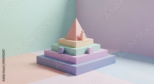 Pastel pyramid blocks, colorful geometric shapes, stacked toy, minimalist composition