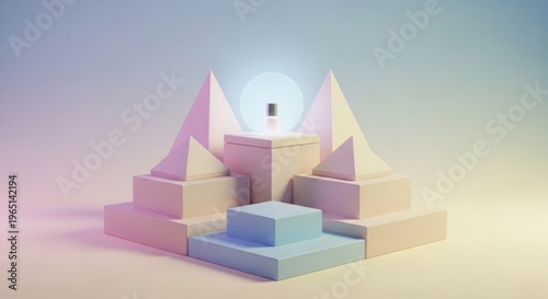 Geometric shapes, pastel pyramid structure, 3D abstract composition, colorful minimalist design