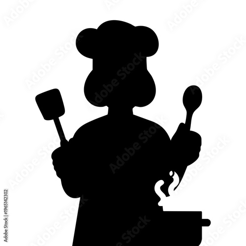 Female chef Silhouette Cooking with Spatula Spoon and Steaming Pot

