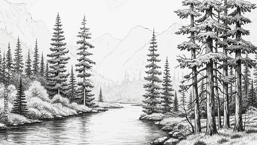 Detailed Black and White Forest Landscape with River and Mountains