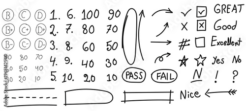 Hand drawn grading correction marks arrows numbers and various feedback symbols for educational assessment