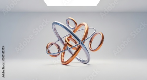 3D atom model, metallic rings, orange and blue, science illustration, molecular structure