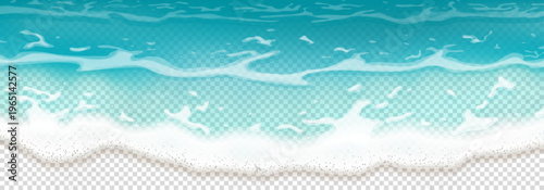 Template of realistic foamy sea waves. Turquoise ocean water waves isolated on checkered background. Gradient moving sea waves with transparency effect. 3d vector element for summer design, cover.