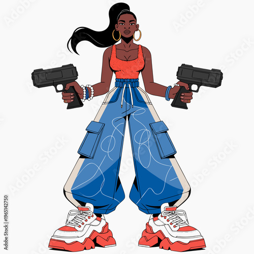 Cartoon woman, armed, holding guns, female warrior, comic book style