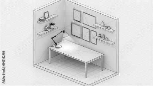 Home office decor blueprint, desk lamp placement, wall decorations, CAD interior plan, 3D layout, home design, architectural visualization
