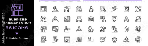 Business Presentation Line Icons - Vector Editable Stroke Illustration Icon Sheet.