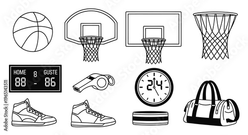 Professional Basketball Sports Equipment and Court Elements Vector
