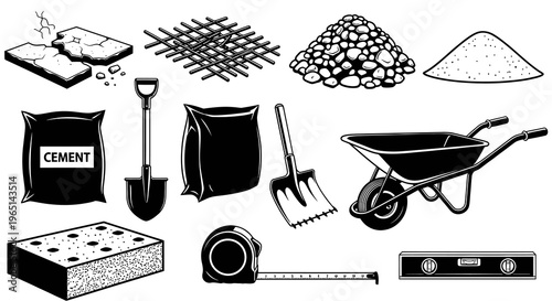 Concrete Work and Masonry Building Materials Vector Icons