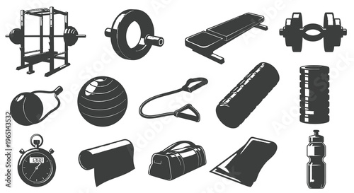 Fitness Center and Home Gym Workout Equipment Vector Icons