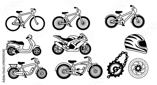 Simple Outline Bicycles and Motorbikes with Spare Parts Vector