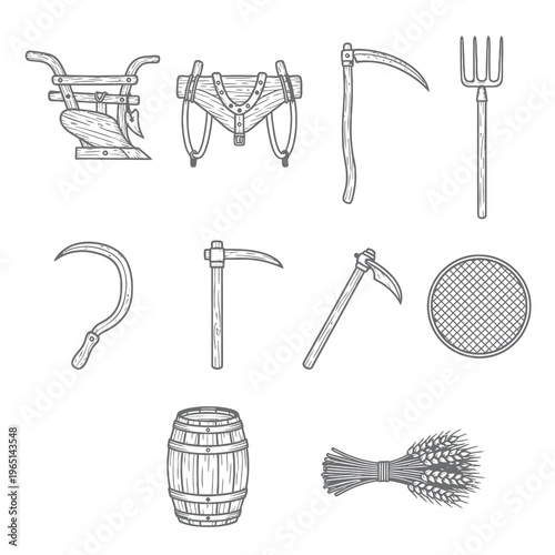 Medieval Style Farming Implements and Harvest Tools Vector Set