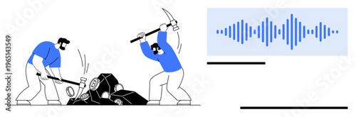 Sound mining concept. Workers using tools to break rocks with a sound waveform audio processing. Sound mining connects physical labor with digital technology. For technology, mining, sound