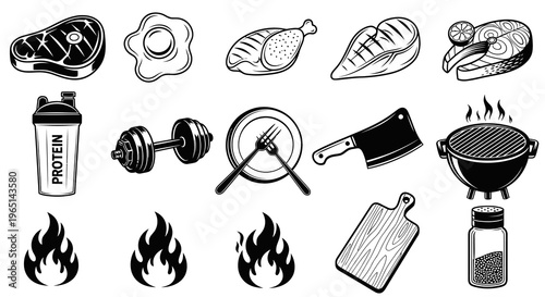 High Protein Diet and Bodybuilding Nutrition Vector Set