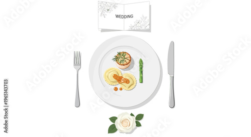 Elegant Wedding Menu and Gourmet Meal Setting with Flower
