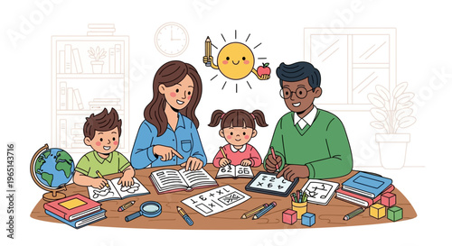 Diverse Family Learning Together at Home, Studying with Books and Tablets