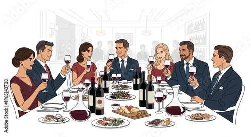 Elegant Dinner Party: Friends Enjoying Wine and Food at a Formal Gathering