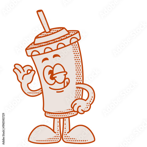 Happy Retro Takeaway Drink Character OK Sign Gesture Funny Mascot