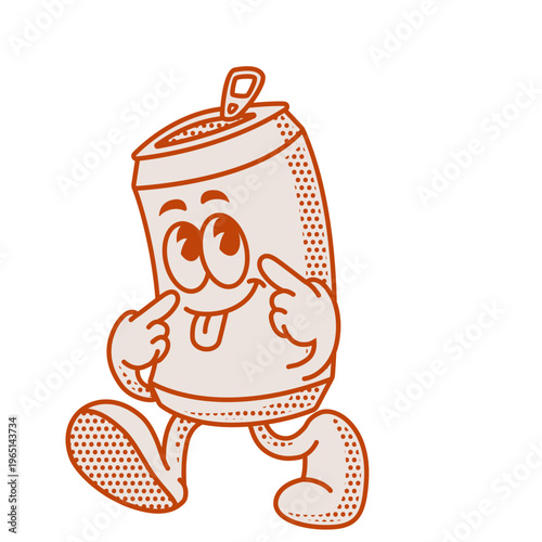 Cute Retro Soda Can Character Walking Touching Cheek Vintage Mascot