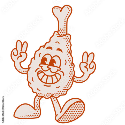 Happy Retro Chicken Drumstick Character Peace Sign Gesture Mascot
