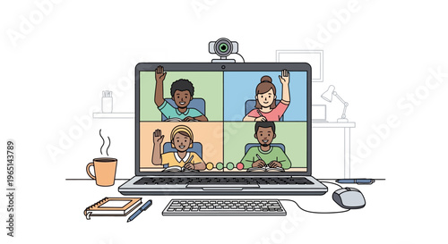 Children learning online via video call on laptop, raising hands to answer questions