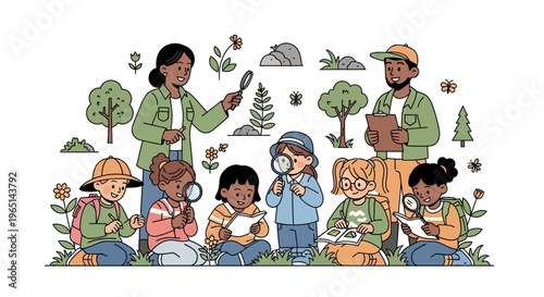 Children Exploring Nature with Magnifying Glasses and Teachers Outdoors