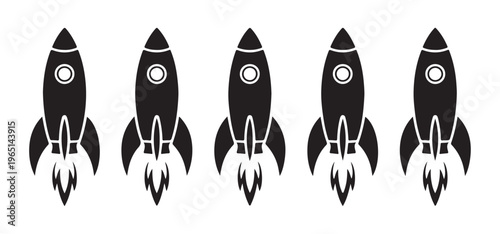 Five black rockets launch into space with fire on white background simple cartoon style technology.