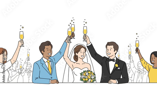 Photos Happy Wedding Couple Toasting Champagne with Guests