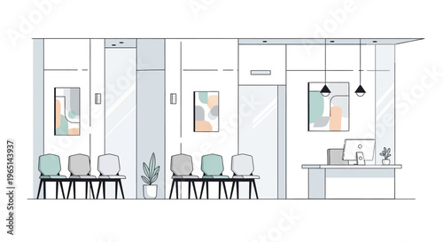 Modern Office Waiting Area with Reception Desk, Chairs, and Art