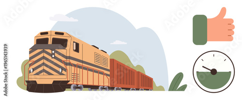 Logistics, transportation, efficiency, performance, approval, environmental impact. Freight train with boxcars, thumbs-up icon and speed gauge. Transportation and efficiency concepts