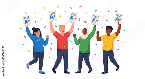 Diverse Students Celebrate A+ Grades with Falling Confetti