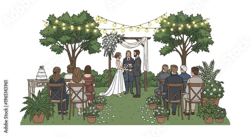 Charming Outdoor Wedding Ceremony with Couple and Guests in Garden Setting