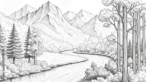 Detailed Black and White Landscape Illustration Featuring Mountains, River, and Trees