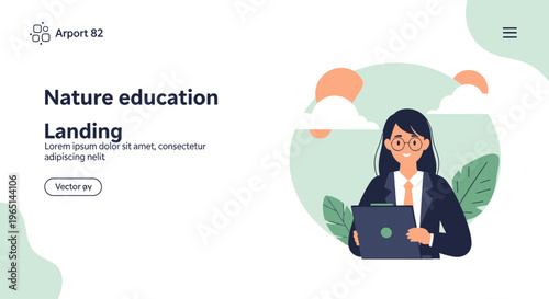 Nature Education Landing Page Design with Woman, Laptop, and Plants