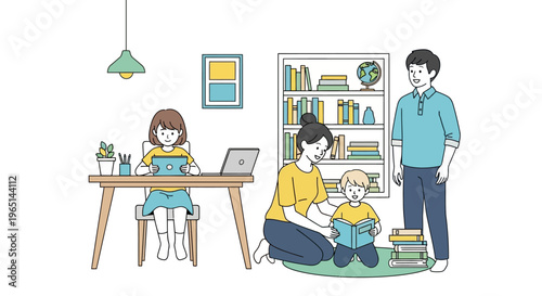 Family Reading Together: Parents and Children Enjoying Books and Learning at Home