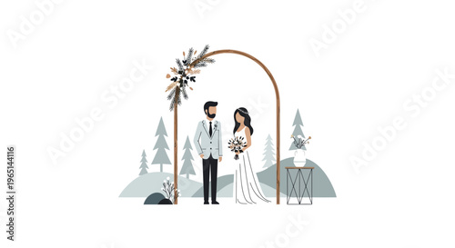 Winter Wedding Couple Under Archway with Snowy Forest Backdrop