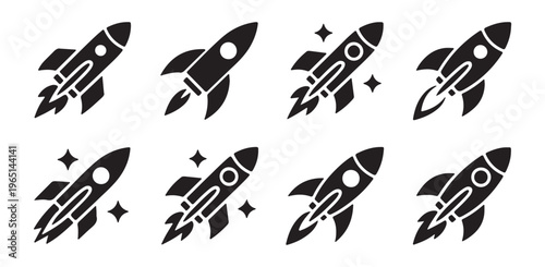 Eight stylized black rocket icons featuring motion streaks and starbursts, symbolizing space adventure.