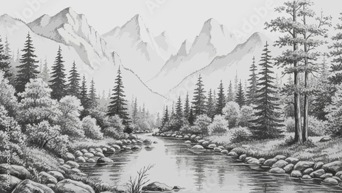 Serene Black and White Landscape Depicting Mountains, Trees, and River