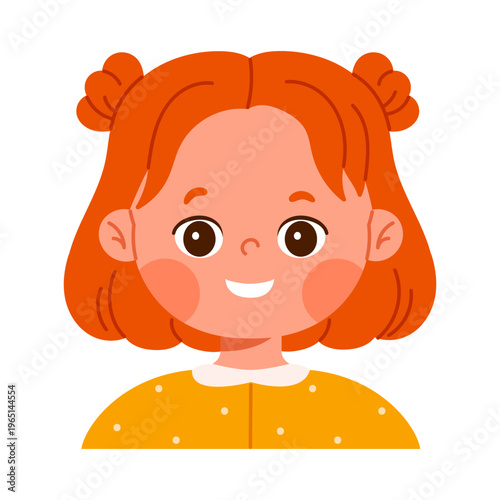 Cute happy redhead girl character smiling. Facial expression concept. Friendly child avatar with positive emotion. Kid apps and emotion education concept. Isolated vector illustration in cartoon style