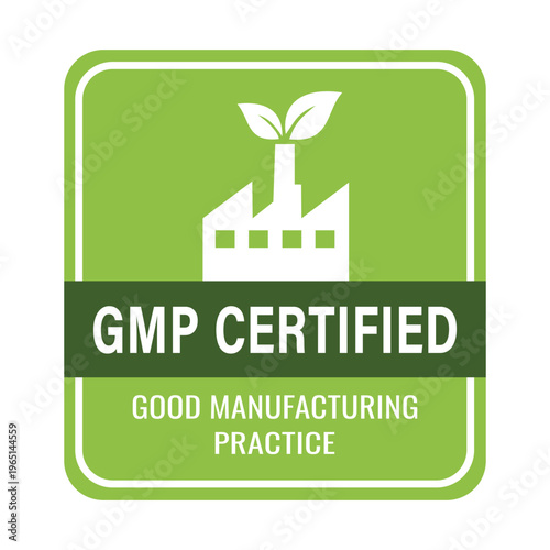 GMP Certified Good Manufacturing Practice Logo with Factory and Leaf Icon for Quality Assurance, Industrial Compliance, and Sustainable Production