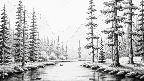 Detailed Black and White Forest Landscape with River and Mountains