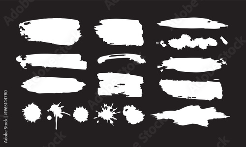 Mega bundle of different ink brush strokes:rectangle,square and round freehand drawings.Ink splatters,grungy painted lines,artistic design elements:waves,circles,triangles.