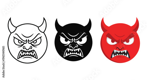 3 angry devil faces icon set vector - logo icons vector set. Blue, Black and white icons