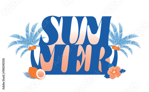 夏の旅行や夏休みイベントのタイトルに使える英語の文字ロゴ_ヤシの木、花、サンセットビーチ、ココナッツなど