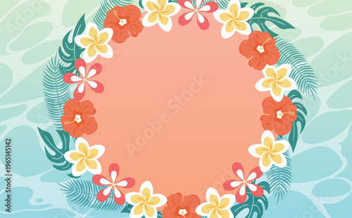 夏のトロピカルなカラフルフレーム背景_海、葉、円・丸型、浜辺イメージ